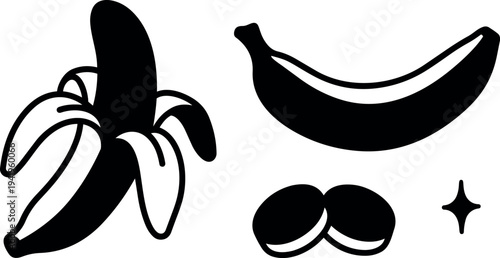 Minimalist flat design peeled banana with whole banana and seeds isolated simple black silhouette vector icons set