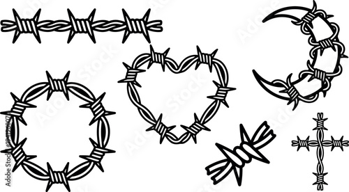 Black and white line art detailed shapes of barbed wire including circle heart crescent cross and single segment icons