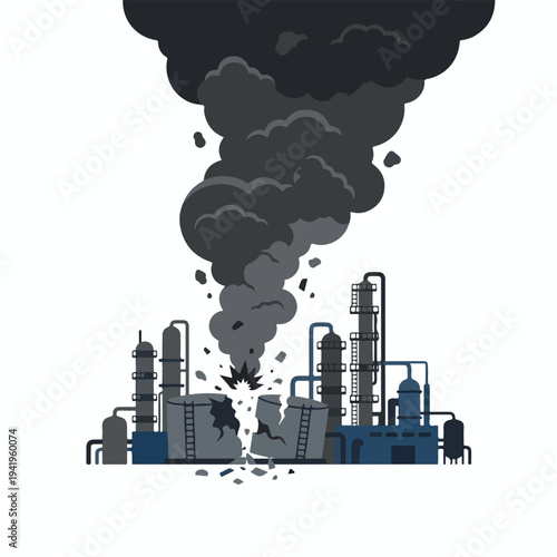 vector flat oil refinery complex explodes and burns 004