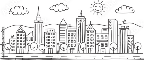 City landscape. Line urban backdrop. Skyline with clouds, different buildings on street, doodle street draw, outline cityscape hand sketch, flat houses. Hand drawn vector illustration