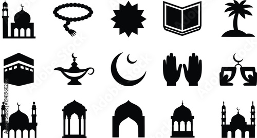 Black Islamic symbols and mosques icons on white background  religious and cultural vector graphics