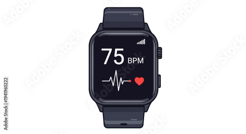 A modern smartwatch displaying a health metric with a graphic heartbeat, focusing on health tracking. 