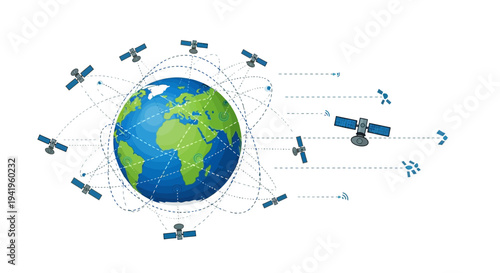 Satellites orbiting earth depicting global communication network and data transmission 