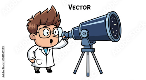 A Curious Scientist Looking Through a Telescope, Vector Illustration