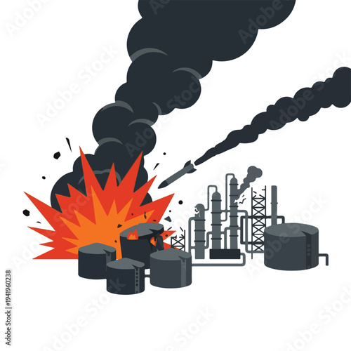vector flat oil refinery complex explodes and burns because missile attack 