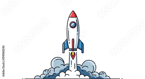 A cartoon rocket launching into space with a plume of smoke and fire