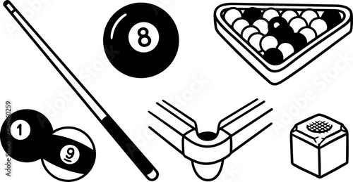 Black and white line art billiard cue stick with eight ball triangle rack and cue chalk set for pool game equipment