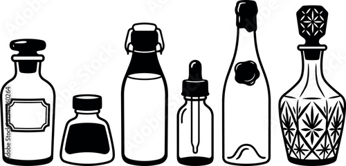 Black and white vector art of six vintage glass bottles different shapes styles and stoppers isolated on white background