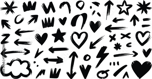 Collection of black brush stroke icons and symbols on white background