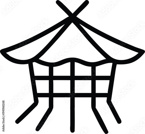 Simple line drawing of a yurt with a conical roof and lattice walls