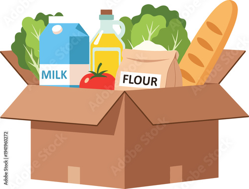 Food donation box with groceries including milk, flour, bread, oil and vegetables for charity support, community aid and humanitarian assistance concept