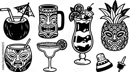 Black and white tiki style cocktail drinks with tropical fruit garnishes and traditional tribal mask mugs isolated vector art design