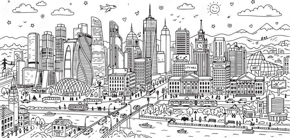 Obraz premium City landscape. Line urban backdrop. Skyline with clouds, different buildings on street, doodle street draw, outline cityscape hand sketch, flat houses. Hand drawn vector illustration