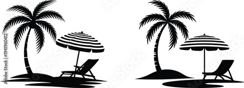 Black silhouettes of palm trees with umbrellas and lounge chairs on sandy beach