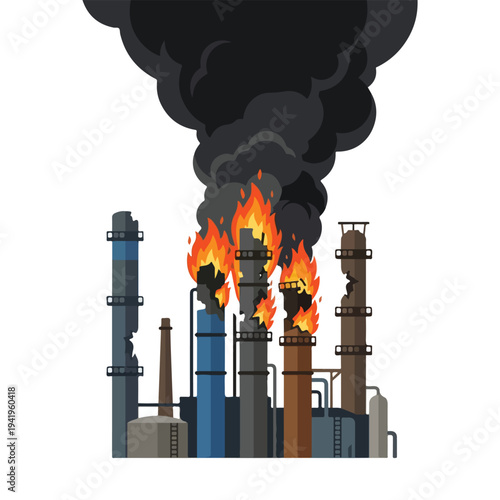 vector flat oil refinery complex explodes and burns 2