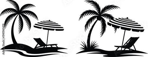 Black and white illustration of beach scenes with palm trees and beach chairs  relaxing summer vacation