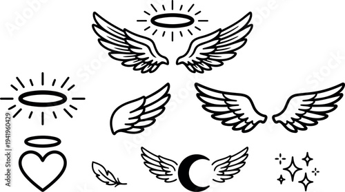 Minimalist black line art set of angel wings halos crescent moon feather and sparkling stars simple vector icons collection