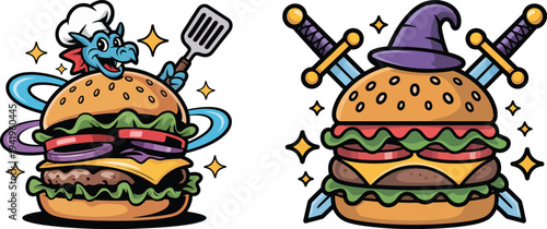 Cartoon burgers with chef dragon and wizard hat and swords on white