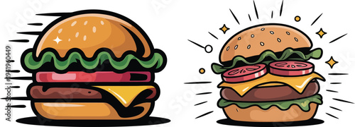 Two cartoon fast food cheeseburgers with lettuce tomato and cheese  delicious meal