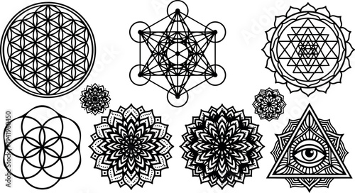 Black and white sacred geometry mandala set with flower of life and all seeing eye symbols vector art spiritual geometric patterns