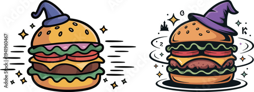 Two cartoon burgers wearing wizard hats with magic sparkles around them on white background