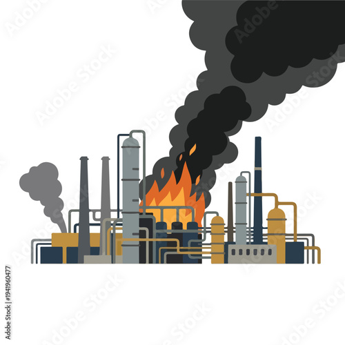 vector flat oil refinery complex explodes and burns 001