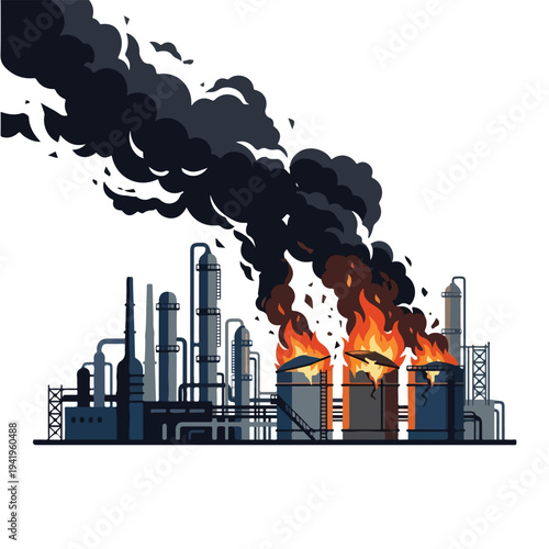 vector flat oil refinery complex explodes and burns 09