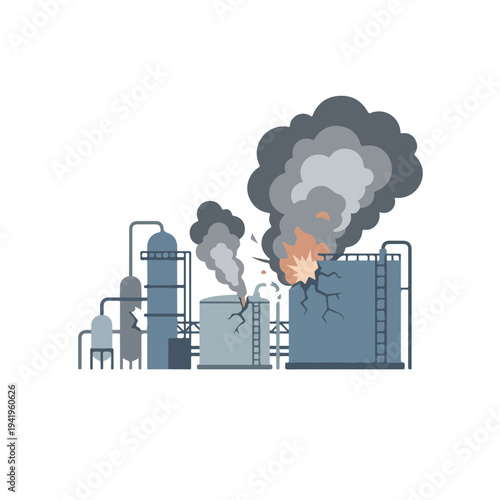 vector flat oil refinery complex explodes and burns 06
