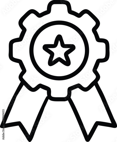 A black and white icon of a rosette award ribbon with a star