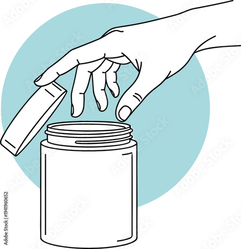 Hand opening medicine bottle and removing cap, pharmaceutical container concept for healthcare, prescription drugs, vitamins and medical treatment illustration