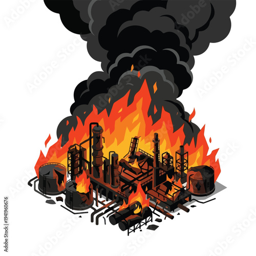 isometric vector flat oil refinery area explodes and burns 8