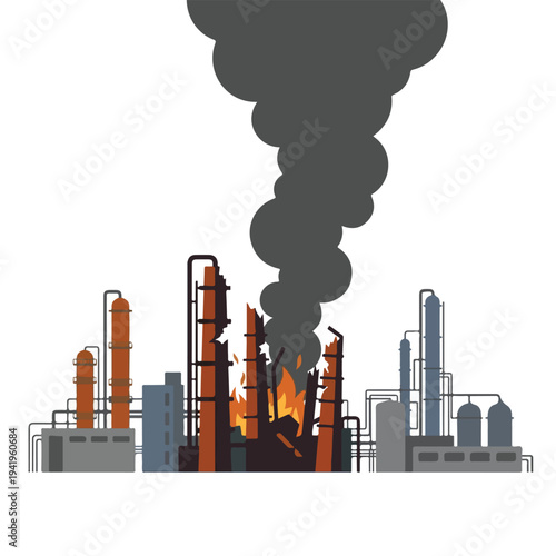 vector flat oil refinery complex explodes and burns 05