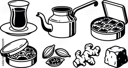 Black and white vector art of traditional turkish tea glass teapot spices and sugar cube in flat design style minimal details and clean lines