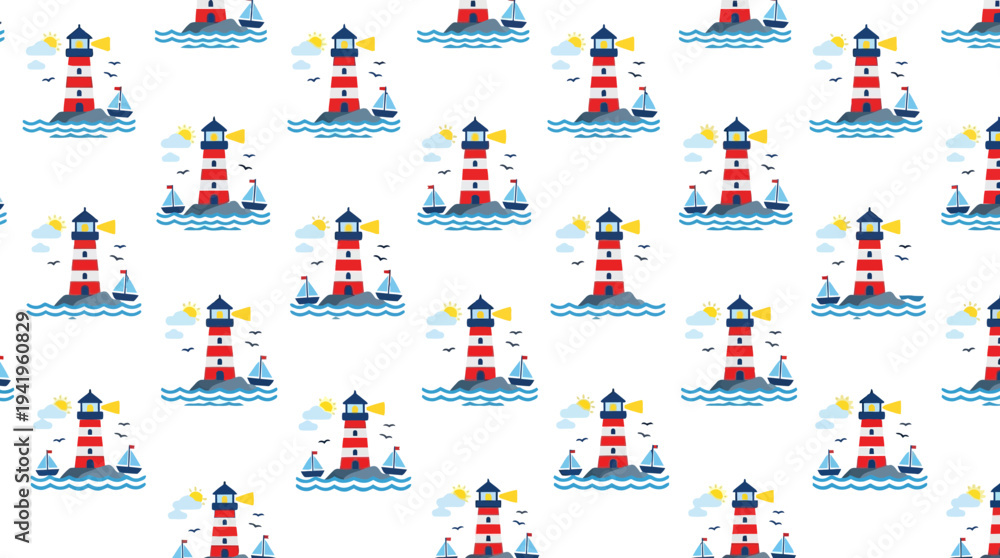 Fototapeta premium Seamless nautical lighthouse and sailboat repeating pattern illustration.