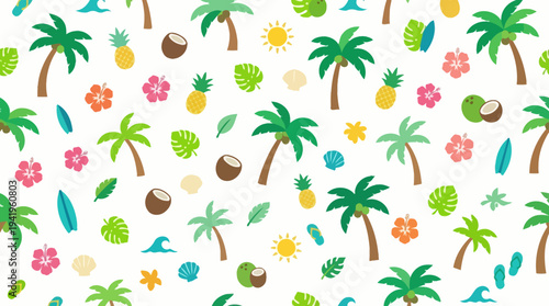 Seamless tropical summer pattern with palm trees coconuts and colorful icons.
