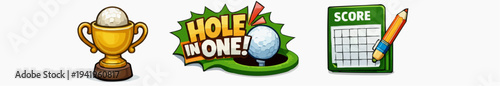 Golf themed banner with trophy hole in one badge and scorecard elements arranged across a wide white background for tournament awards sports promotion event graphics and celebratory designs