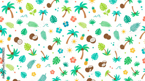 Seamless tropical summer pattern with palm trees and toucans.