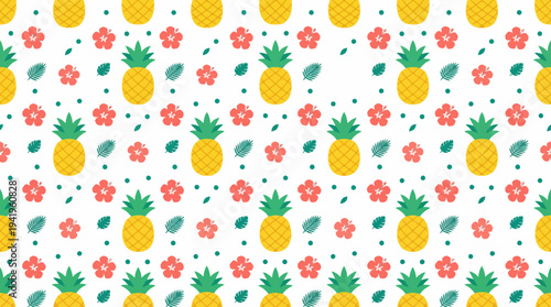 Seamless tropical pineapple and colorful floral summer pattern for design.