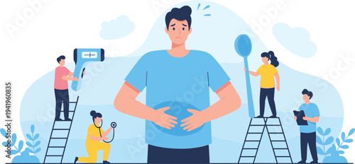 Man suffering from stomach pain with medical support team around, healthcare diagnosis and treatment concept for digestive problems and abdominal illness