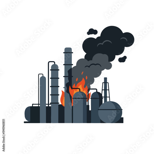vector flat oil refinery complex explodes and burns 03