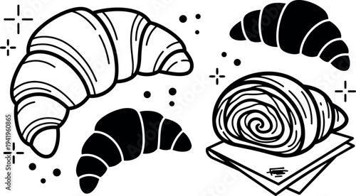 Black and white line art croissant and pastry assortment vector minimalistic bakery food icons set with swirl roll decorative dots and stars