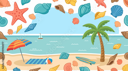 Colorful summer beach scene with palm tree and seashells by the shore.
