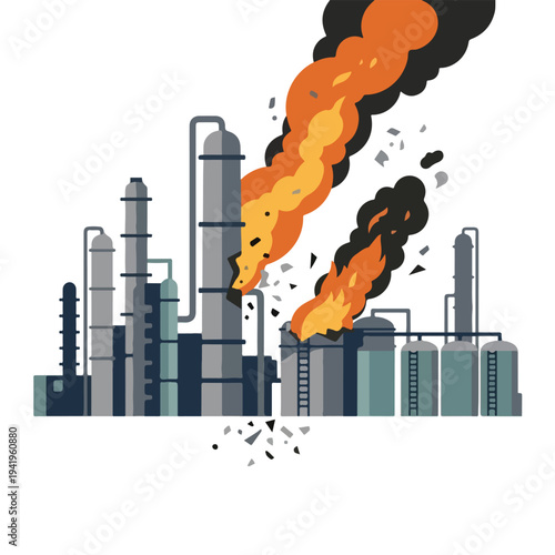 vector flat oil refinery complex explodes and burns 02