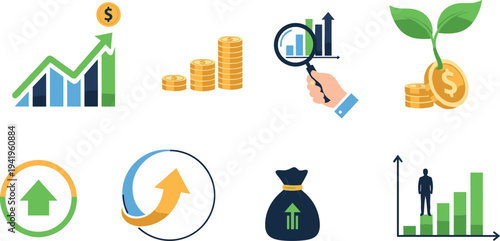 Business finance growth icons set, investment profit chart coins analytics marketing success strategy money increase vector illustration collection