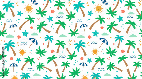 Seamless playful tropical summer pattern with palms suns and beach icons.