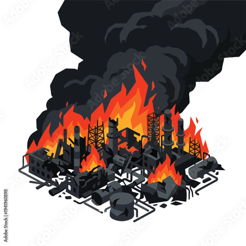isometric vector flat oil refinery area explodes and burns 7