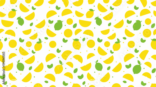 Seamless lemon and green leaf pattern with bright slices.