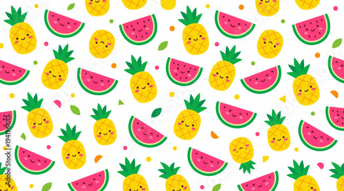 Seamless tropical pineapple and watermelon pattern with bright colorful summer fruits.