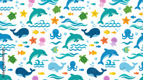 Colorful Seamless Marine Animals Pattern with Whales and Dolphins.