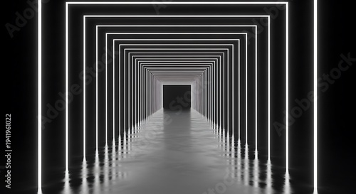Minimalist infinite corridor tunnel with repeating geometric frames leading to dark vanishing point representing perspective depth, futuristic architecture and endless space illusion